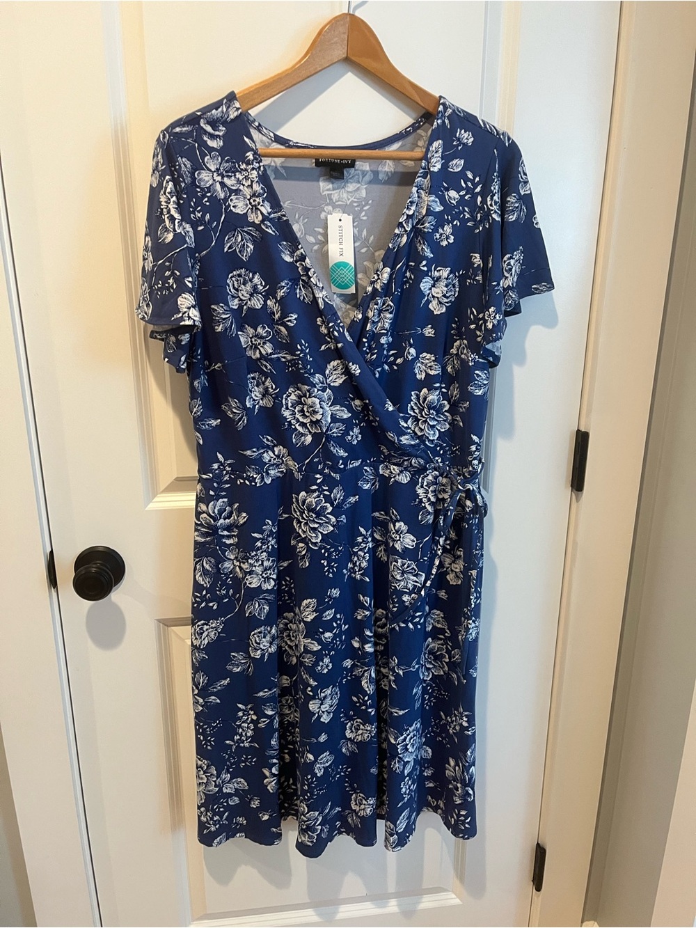 Blue Floral Wrap Dress with White Print